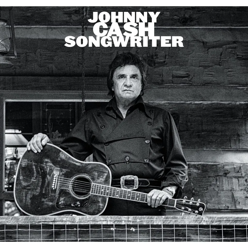 Johnny Cash's "Songwriter" album cover featuring a classic black and white portrait of the artist