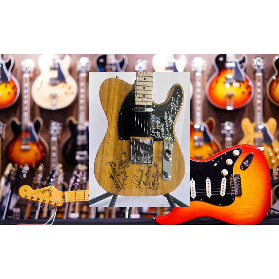 Keith Richards, Eric Clapton, and Chuck Berry signatures on Fender Telecaster body