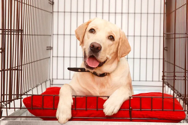 Labrador Retriever puppy laying down in its open crate.