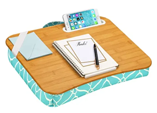 LapGear Lap Desk with a laptop and smartphone on a patterned cushion