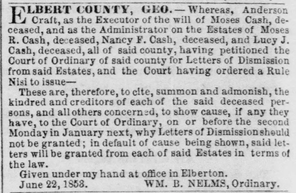 Legal notice for the estate of Johnny Cash’s great-great-grandparents from Elbert County, Georgia, dated January 17, 1854.