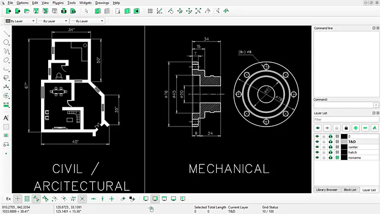 LibreCAD 2D drafting interface showing various tools and a simple technical drawing