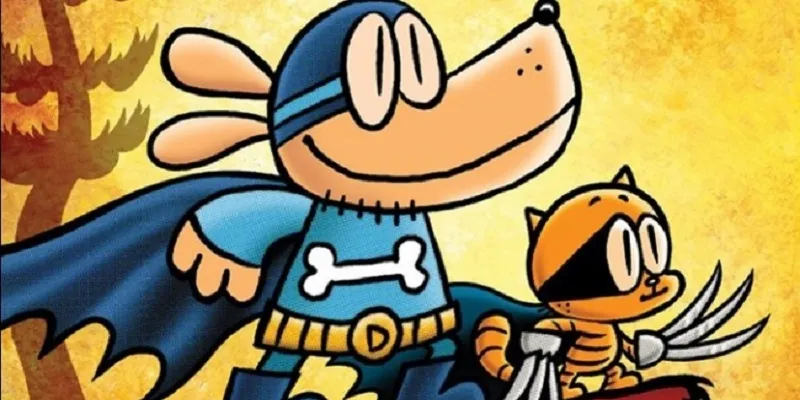 Lil' Petey, a small, orange cat wearing a superhero mask, standing proudly next to a larger, friendly-looking dog character.
