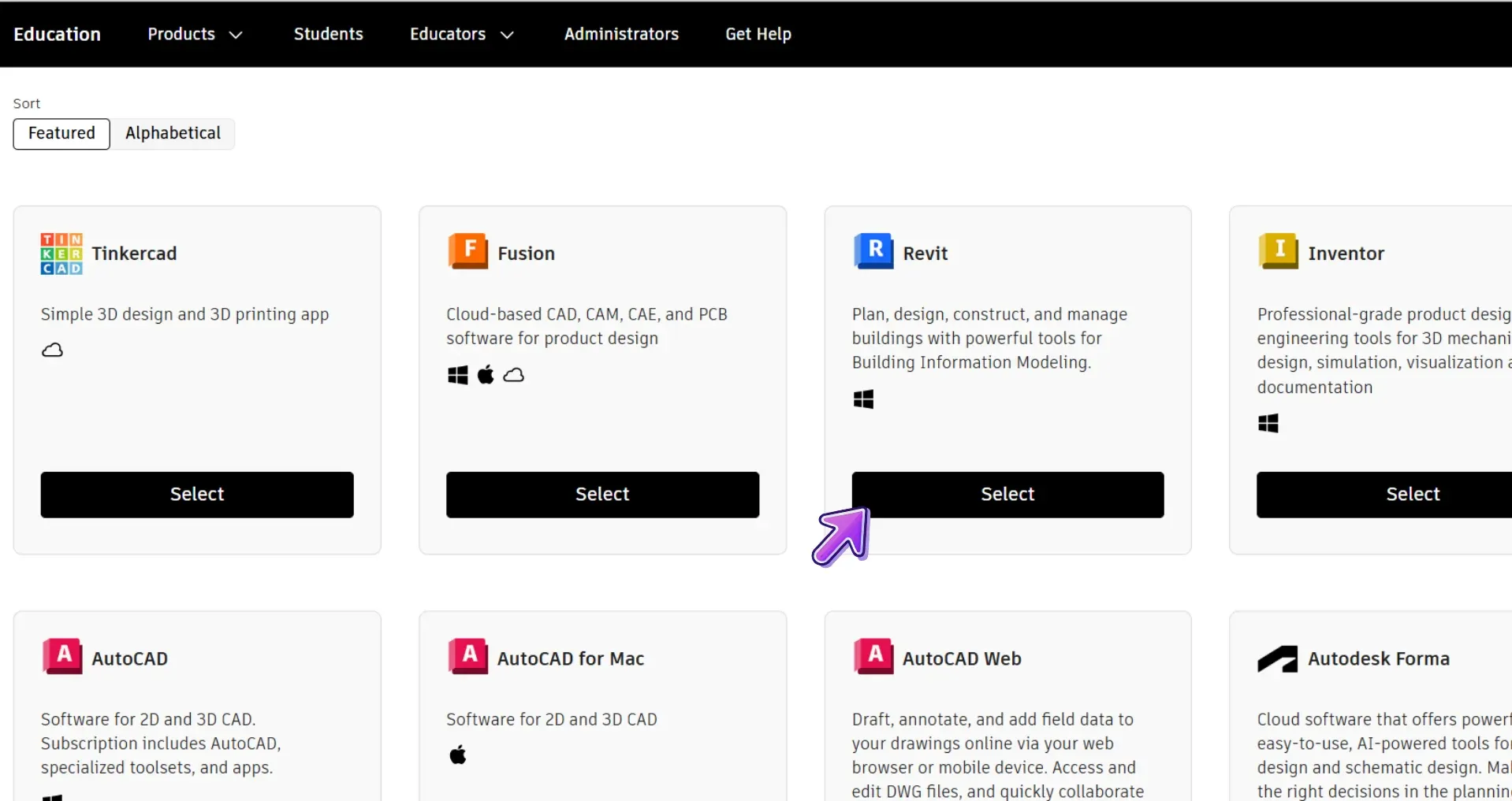 List of Autodesk software options for education, with Revit highlighted