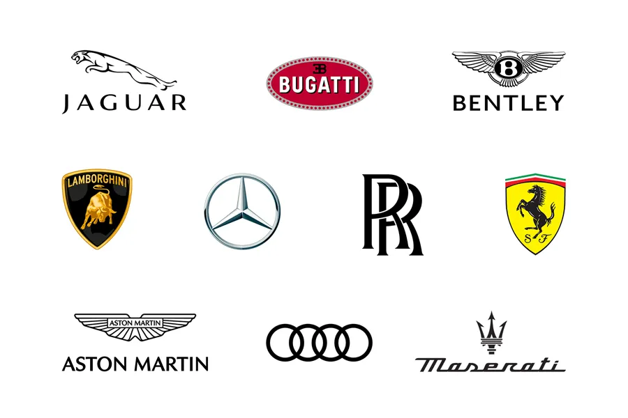 Luxury car logos featuring various emblems and designs