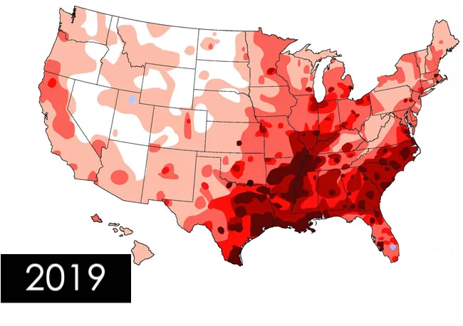Map showing the incidence of heartworm disease across different regions, highlighting areas of higher risk