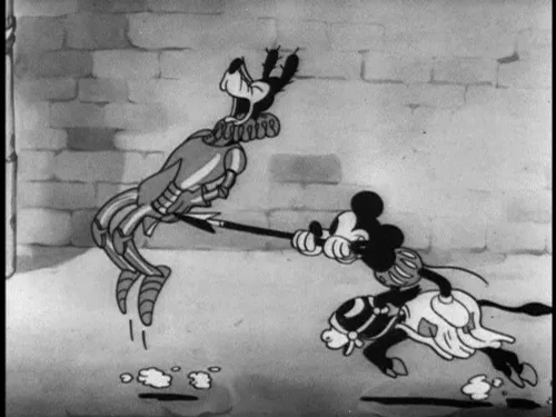 Mickey Mouse as a minstrel serenading Minnie Mouse
