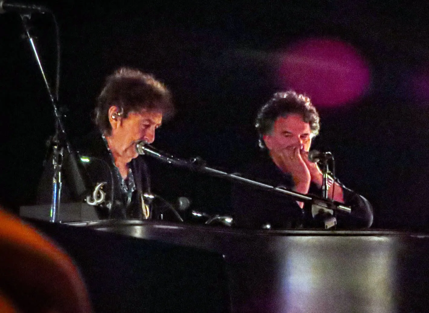 Mickey Raphael playing harmonica alongside Bob Dylan on stage during a live performance