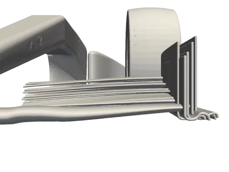 Multiple F1 car designs superposed, illustrating iterative design variations.