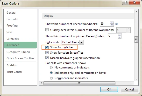 Navigating to Excel Options, Advanced, and checking 'Show Formula bar' in the Display section