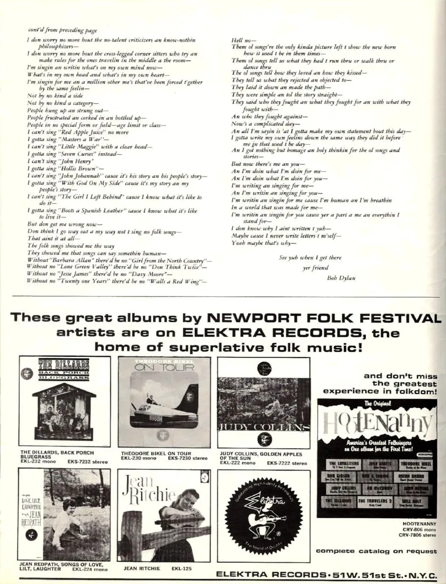 Newport Folk Festival 1963 Bob Dylan Programme inside page 2