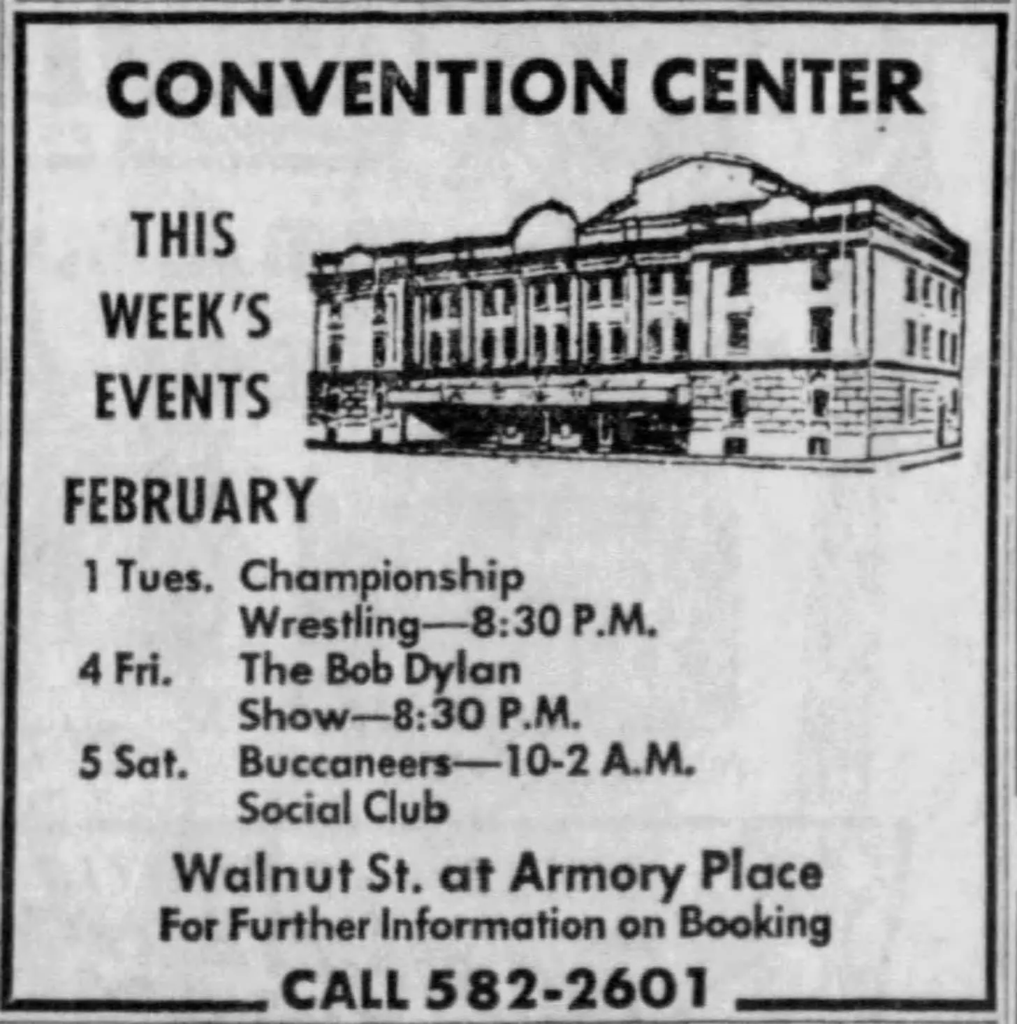 Newspaper clipping promoting Bob Dylan's 1966 concert in Louisville, Kentucky