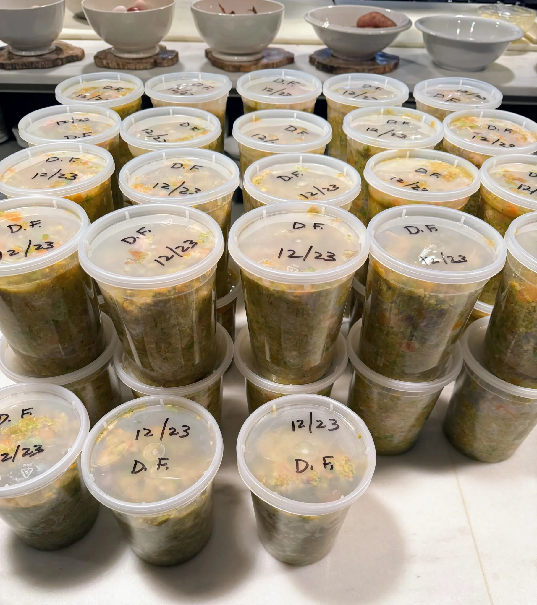 Numerous filled and labeled plastic containers of homemade dog food.
