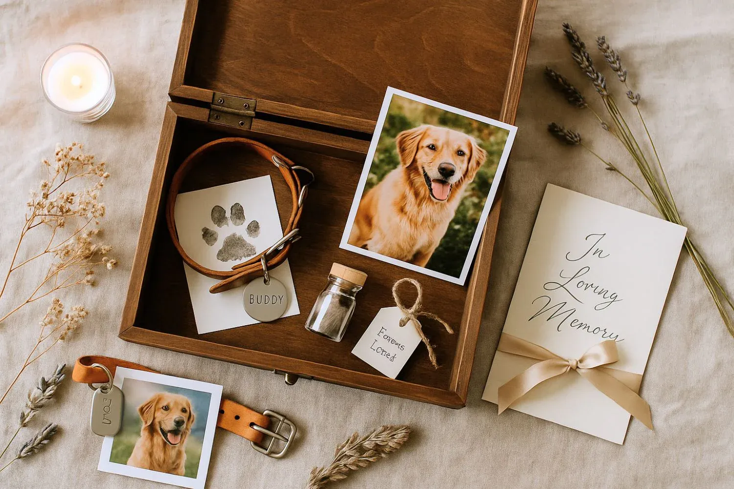 Open wooden pet memory box with photos, paw prints, lead, ashes, and letter