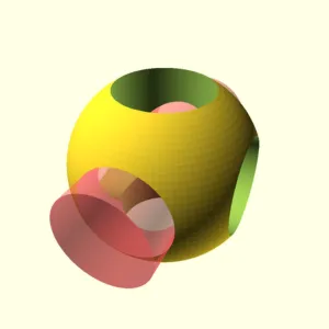 OpenSCAD interface displaying code on one side and the resulting 3D object on the other