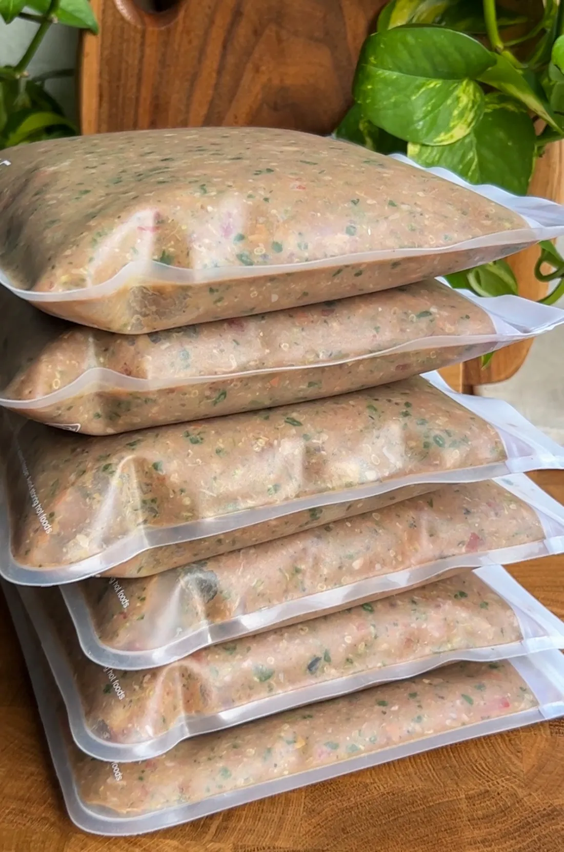 Portioned homemade dog food in reusable freezer bags