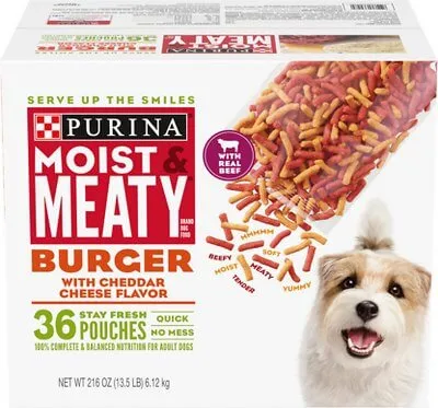 Purina Moist and Meaty Burger with Cheddar Cheese Flavor Semi-Moist Dog Food packaging