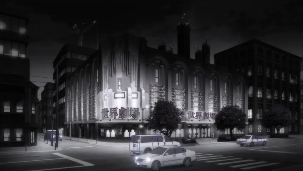 Ranpo sulking and fidgeting with his sleeves in the theater lobby while Fukuzawa stands silently
