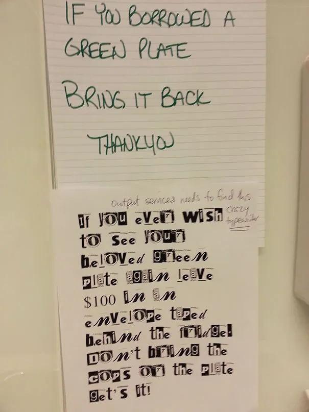 Ransom-style note for stolen office plate