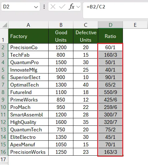 Ratios displayed using Excel's custom format feature