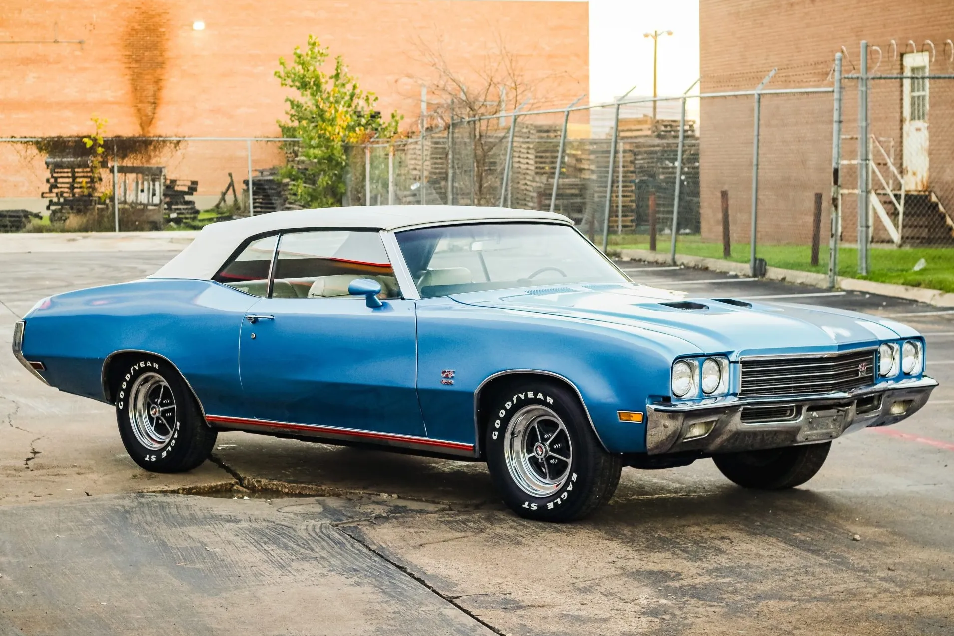 Rear-side view of the 1972 Buick GS convertible, showing exhaust tips and wheels