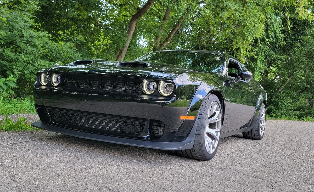 Rear view of 2023 Dodge Challenger Black Ghost showing subtle Scat Pack stripe