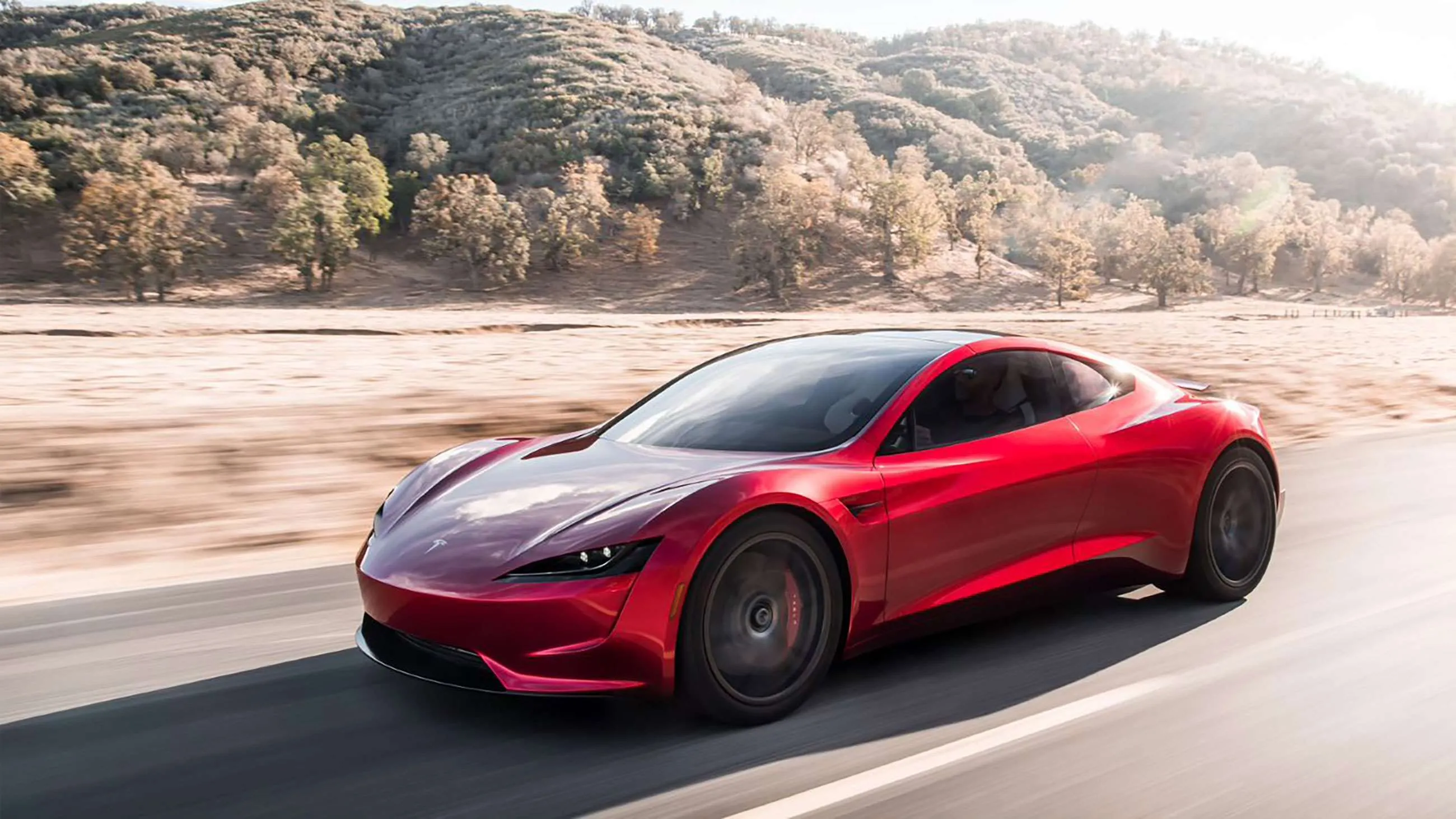 Red second-generation Tesla Roadster prototype, a highly anticipated electric supercar with record-breaking promises