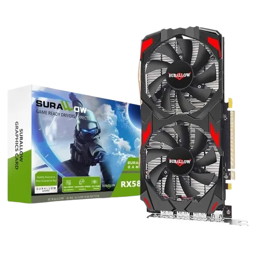 Render of an AMD Radeon RX 580 GPU, showcasing its dual-fan design and overall structure.