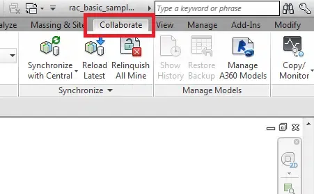 Revit Collaborate tab with work-sharing features highlighted