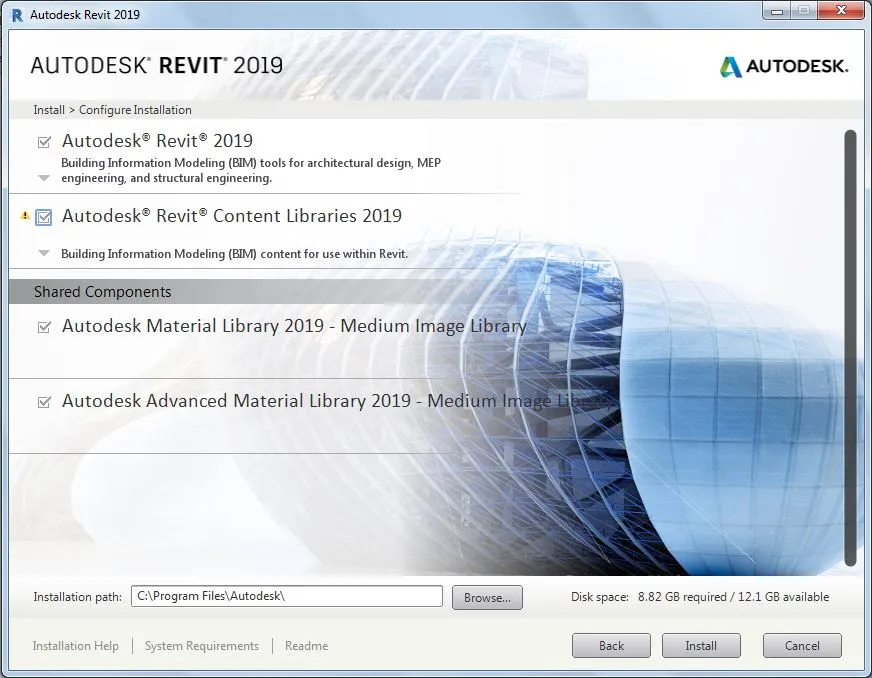 Revit installation dialog displaying various components that can be selected or deselected for installation