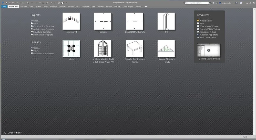 Revit launch screen showing project and families areas