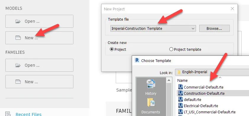 Revit startup screen showing template selection