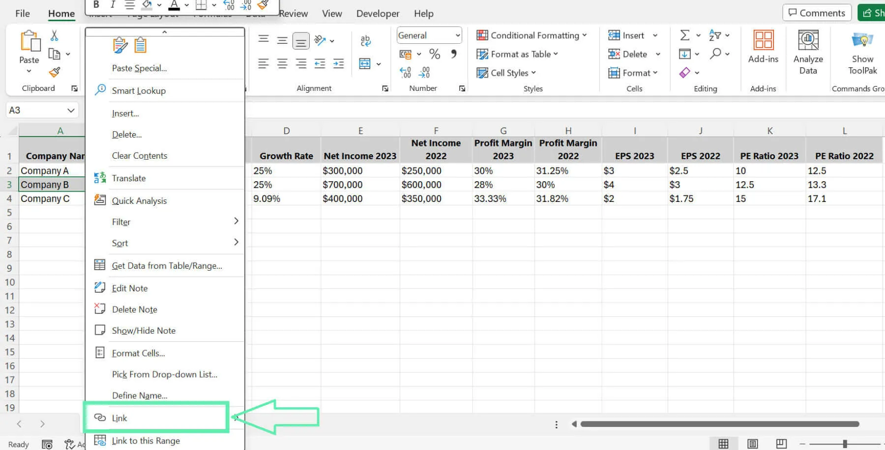 Right-click on the cell and select ‘Link’ from the context menu