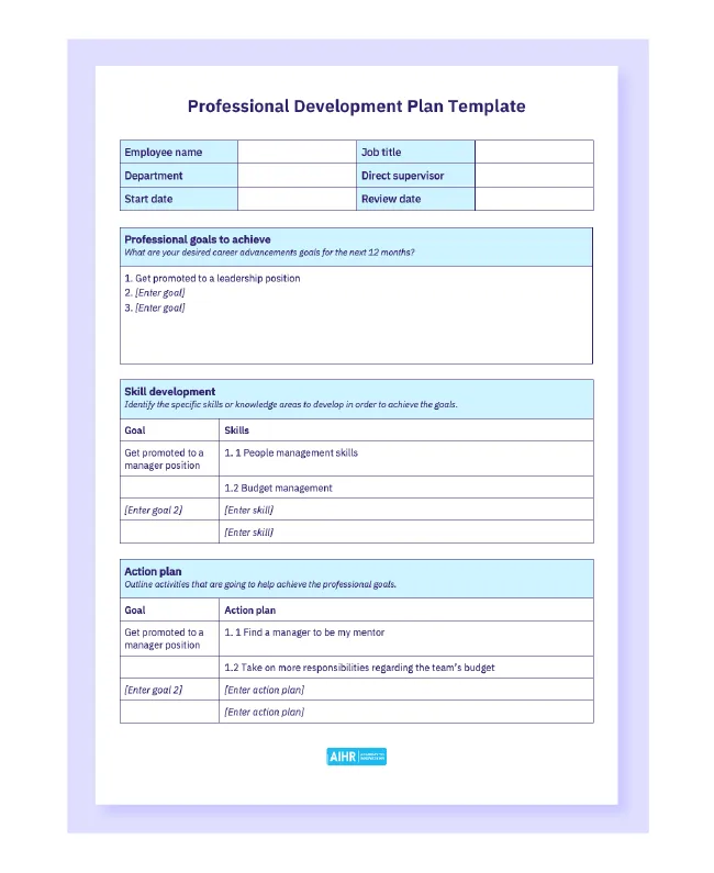 Sample template image of a professional development plan.