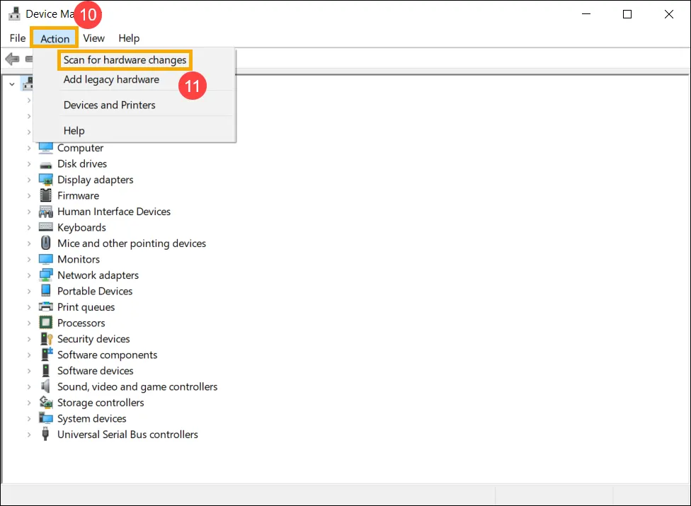 Scanning for hardware changes in Device Manager