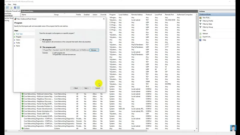 Screenshot demonstrating how to set up an outbound rule for AcWebBrowser in Windows Firewall