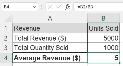 Screenshot of calculating average revenue in Excel, with columns for total revenue and quantity sold, and the resulting average revenue.