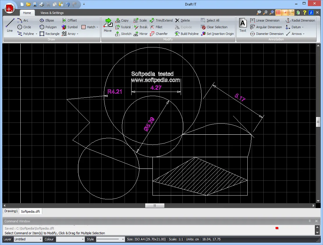 Screenshot of Draft It Plus interface, showing a 2D drafting environment