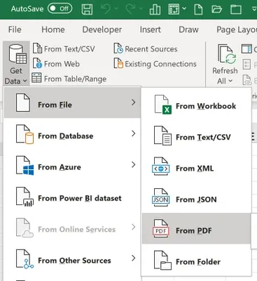 Screenshot of Excel's "Get Data" menu showing "From PDF File" option for Office 365