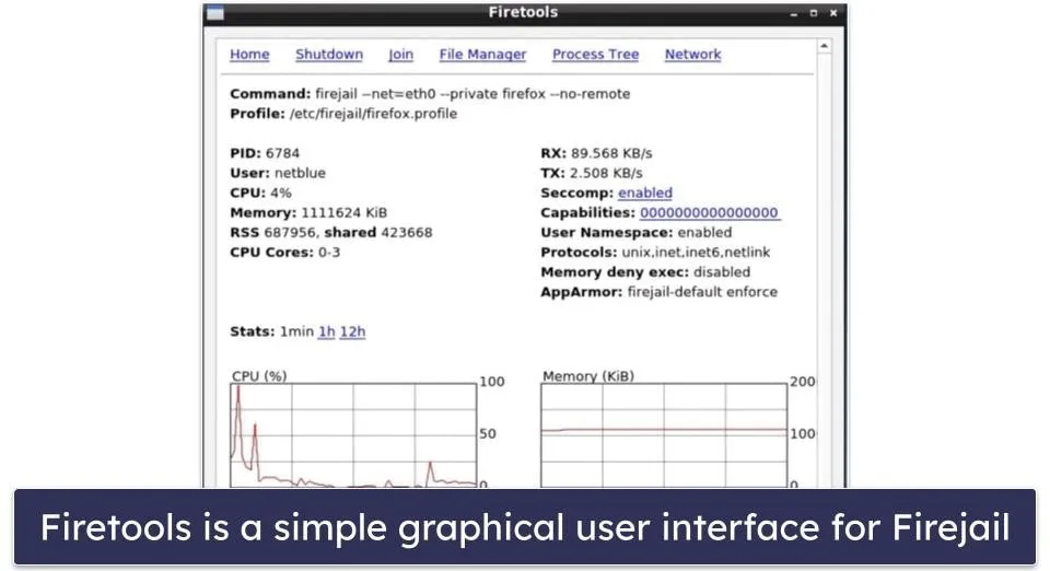 Screenshot of Firetools GUI showing a list of sandboxed applications and their status on a Linux desktop.