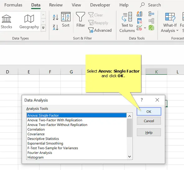 Screenshot of the Data Analysis dialog box with Anova: Single Factor selected