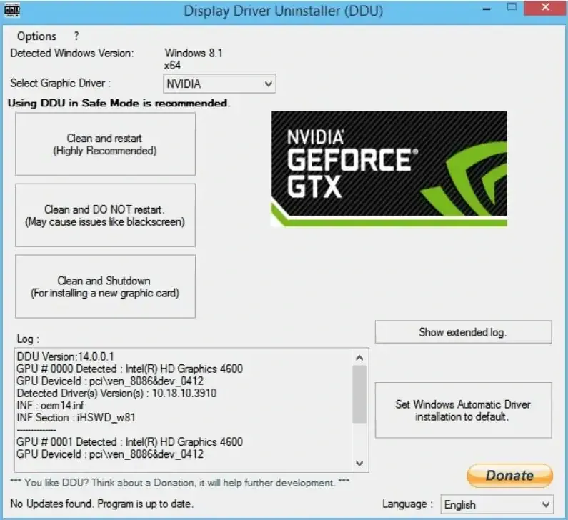 Screenshot of the Display Driver Uninstaller (DDU) application interface.