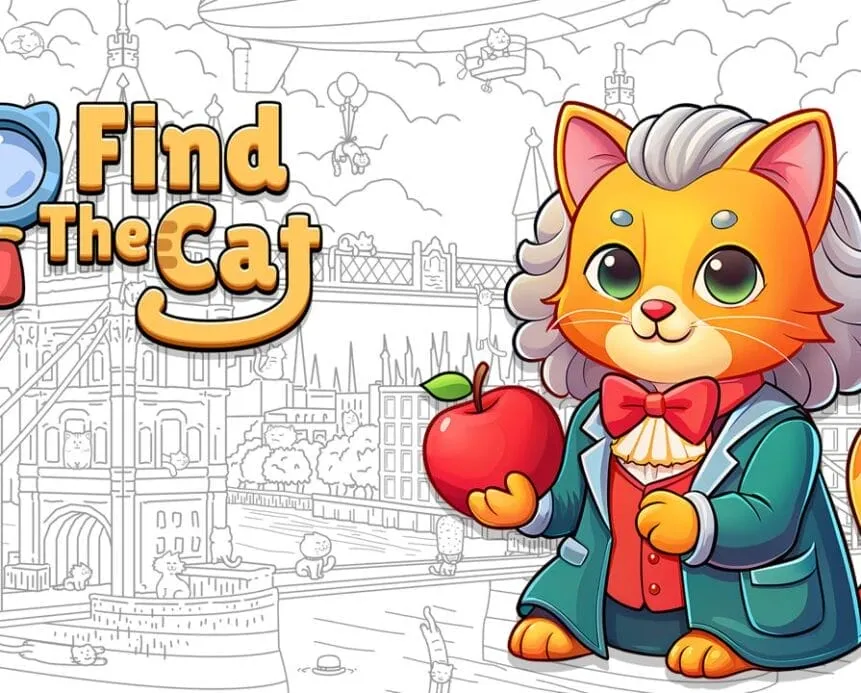 Screenshot of the 'Find the Cat' mobile game featured on an app store, showcasing its charming design and engaging hidden object gameplay