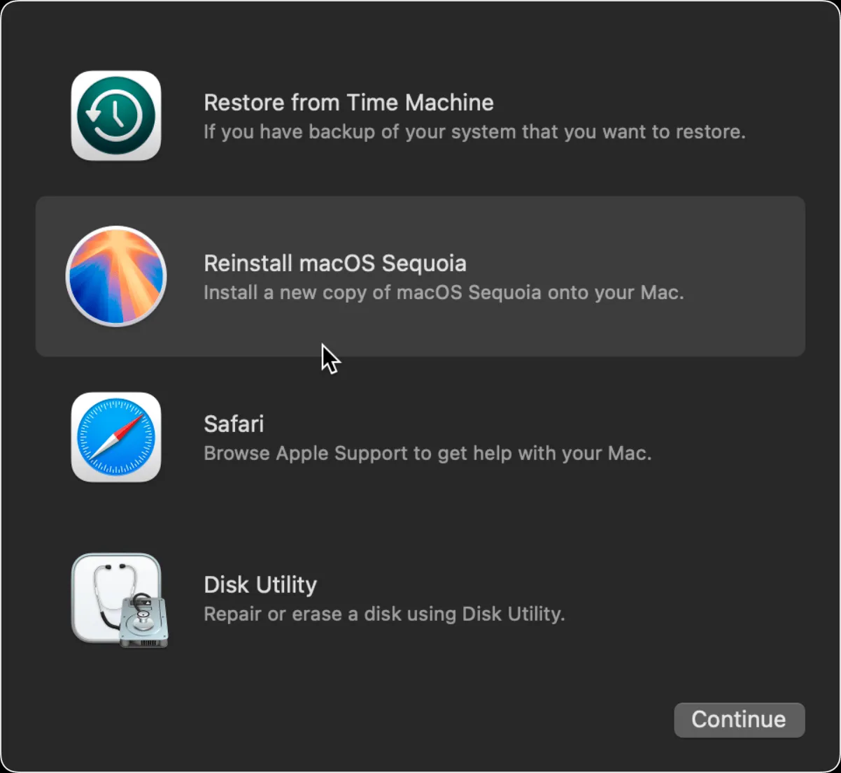 Screenshot of the macOS Recovery utilities menu, highlighting the "Reinstall macOS" option.