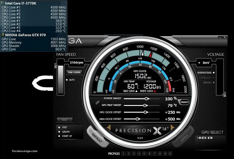 Screenshot showing a typical overclocking utility interface for a graphics card.