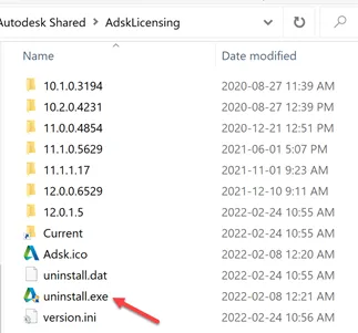 Screenshot showing how to uninstall the Autodesk Licensing Service on Windows