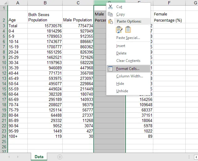 Screenshot showing the formatting of a column to display data as percentages with one decimal place in Excel