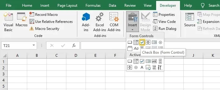 Selecting the Checkbox icon under Form Controls in the Developer tab