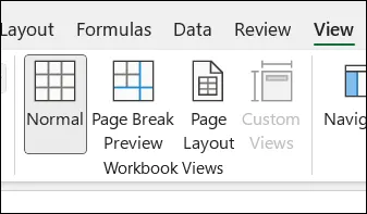 Selecting the Normal view command on the Excel Ribbon View tab