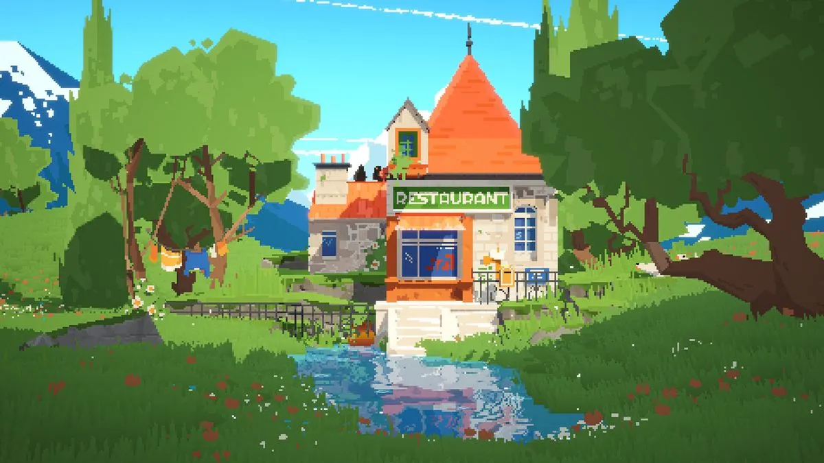 Several whimsical, colorful houses are clustered together on an island against a serene blue sky.